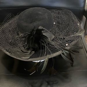 Angiolo Frasconi Wide Brim Black Velour Lace Feather Studded Funeral‎ Hat OSFA